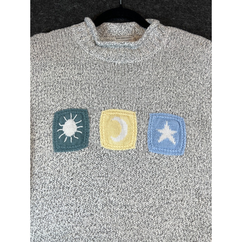 Vintage 90s Christopher & Banks Celestial Sun Moon Star Sweater Womens L Gray - Picture 2 of 8